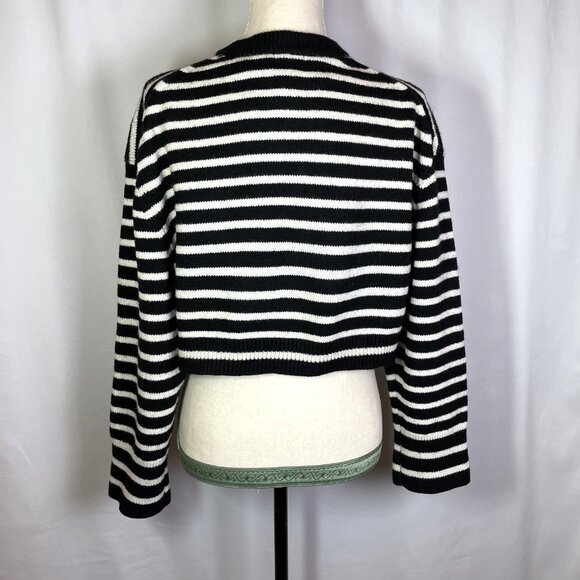 H&M Cropped Sweater Size M Wool Blend Black White Striped Crew Neck Long Sleeves - Picture 4 of 14